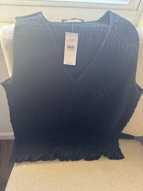 LOFT Black Smocked V-Neck Sleeveless Tank with Ruffle Hem